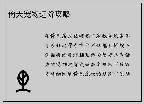 倚天宠物进阶攻略